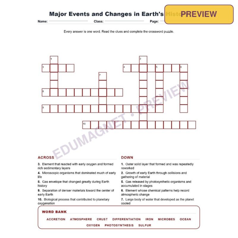 Major Events And Changes In Earth S History (Crossword Worksheets) Grade 8 NGSS Unit 8