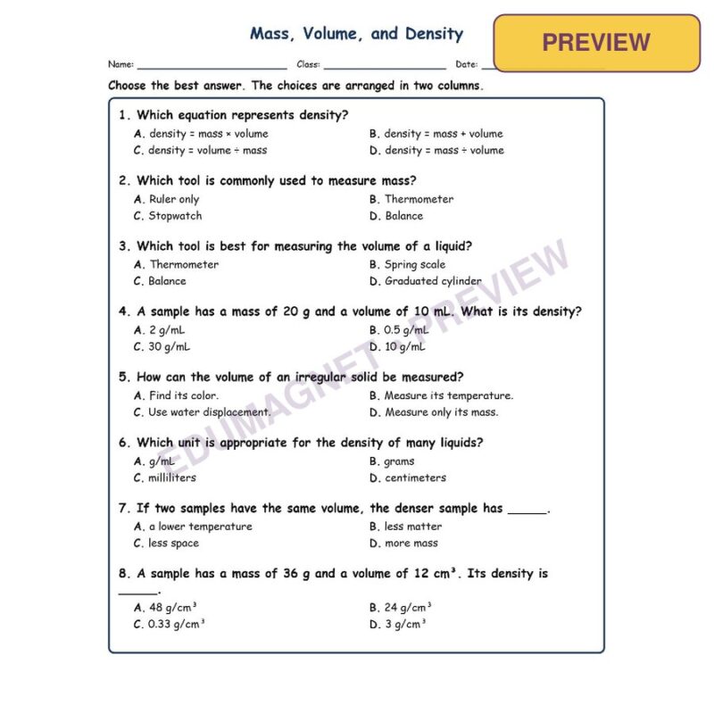 Mass, Volume, And Density Physical Science Virginia SOL PS.3A MCQ Fill Short Exi