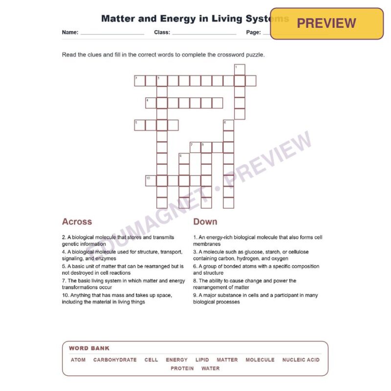 Matter And Energy In Living Systems (Crossword Worksheets) Virginia SOL LS.4