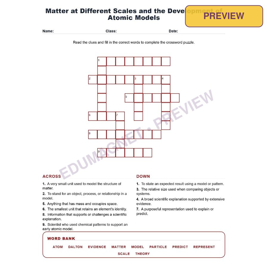 Matter At Different Scales And The Development Of Atomic Models (Crossword Worksheets) Grade 8 NGSS MS PS1 1