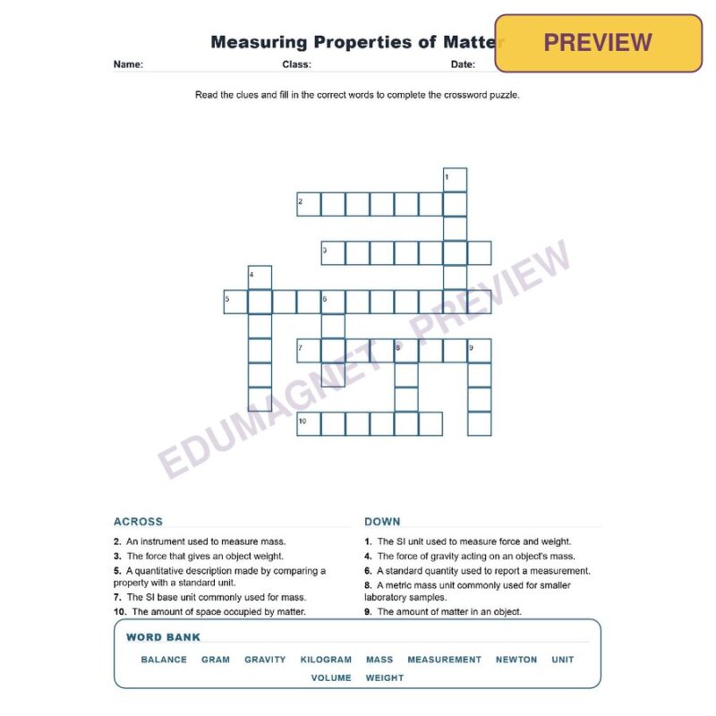Measuring Properties Of Matter (Crossword Worksheets) Grade 8 Science