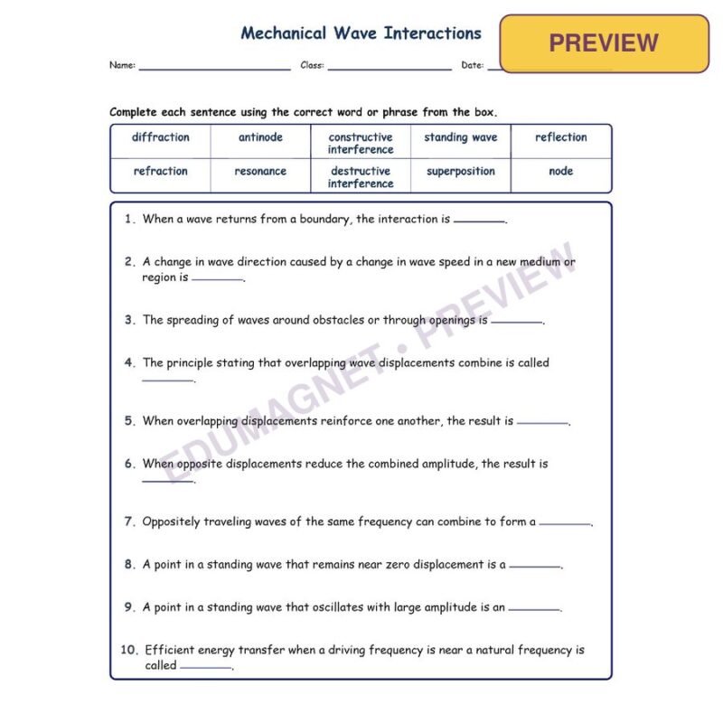 Mechanical Wave Interac Fill MCQ Written Exit Tickets Worksheet NGSS Grade 8