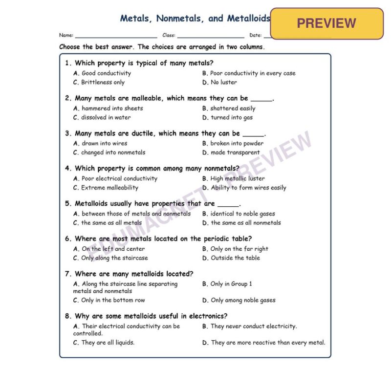 Metals, Nonmetals, MCQs Fill Written Exit Tickets Worksheet SOL Physical Science