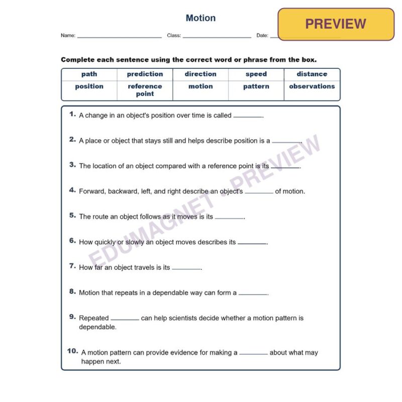 Motion Fill MCQ Written Exit Tickets Worksheet NGSS Grade 3