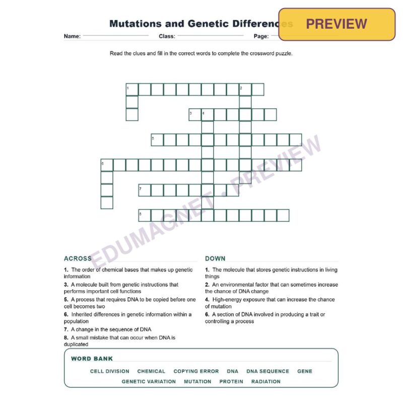 Mutations And Genetic Differences (Crossword Worksheets) Virginia SOL LS.11