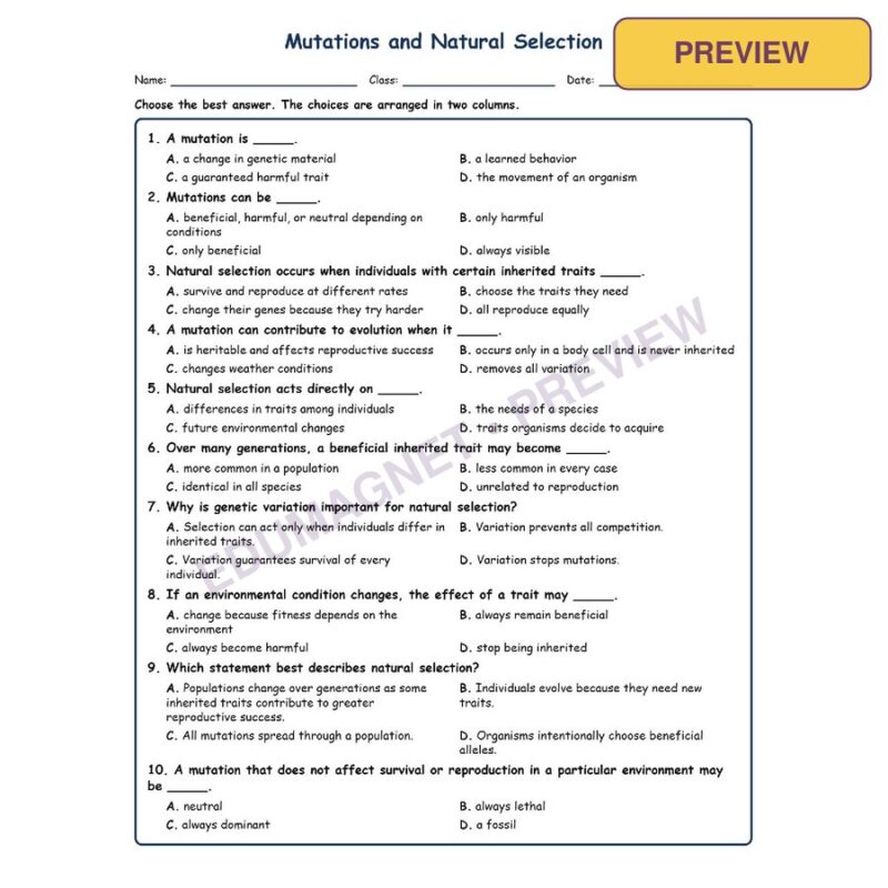 Mutations And Natural Selection MCQ Fill Written Exit Worksheet SOL Life Sci