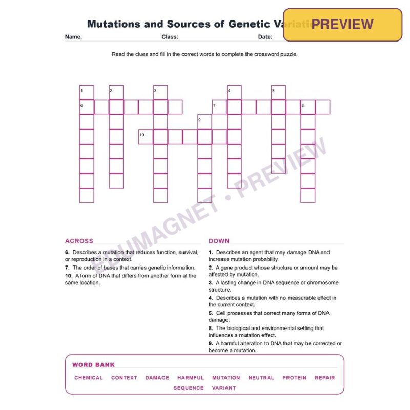 Mutations And Sources Of Genetic Variation (Crossword Worksheets) NGSS MS LS3 1