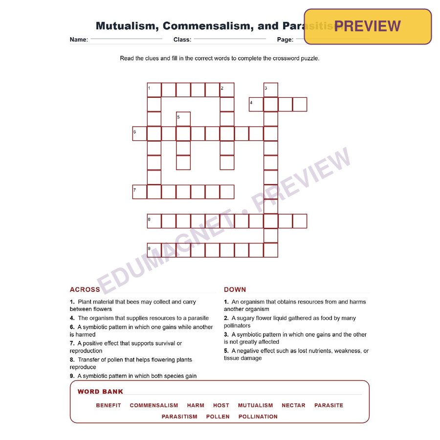 Mutualism Commensalism And Parasitism (Crossword Worksheets) Virginia SOL LS.6 And LS.7