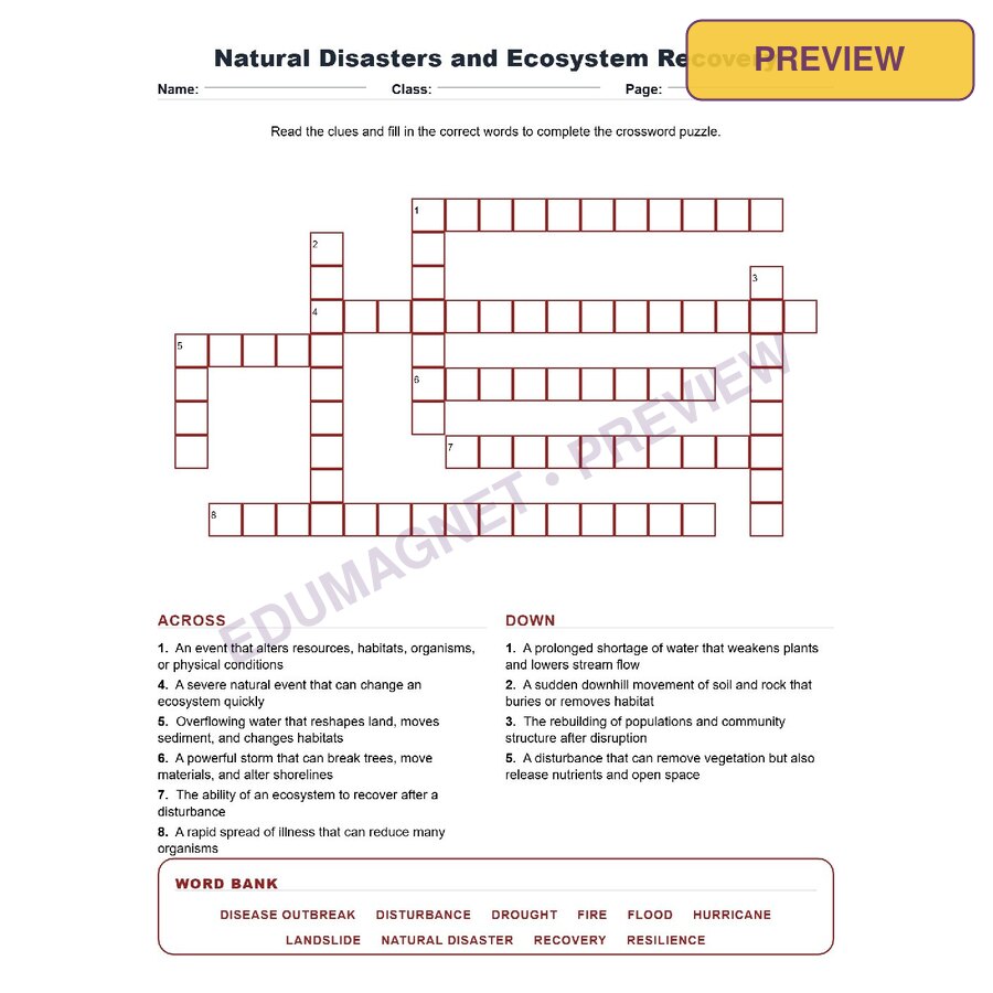 Natural Disasters And Ecosystem Recovery (Crossword Worksheets) Virginia Life Science SOL LS.8