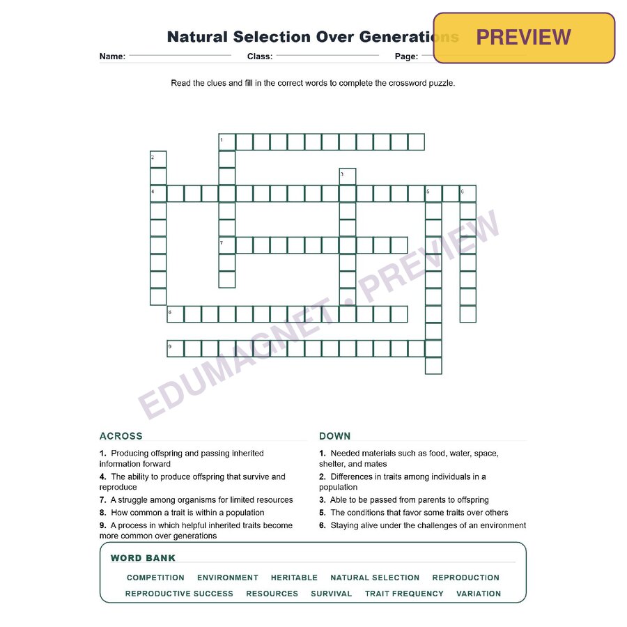 Natural Selection Over Generations (Crossword Worksheets) Virginia SOL LS.11