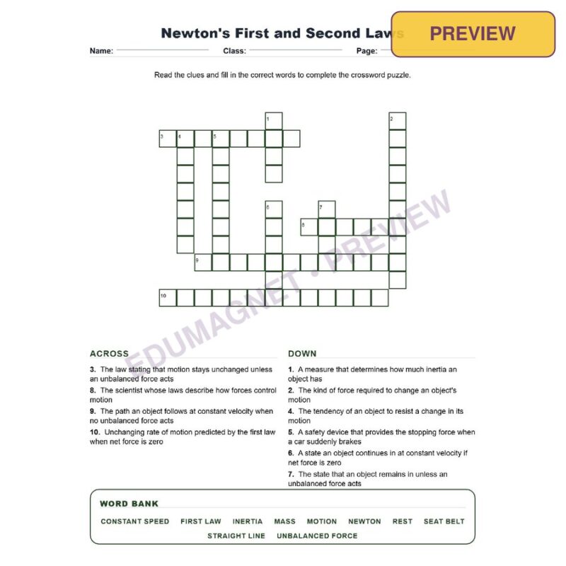 Newtons First And Second Laws (Crossword Worksheets) Grade 8 Science Forces