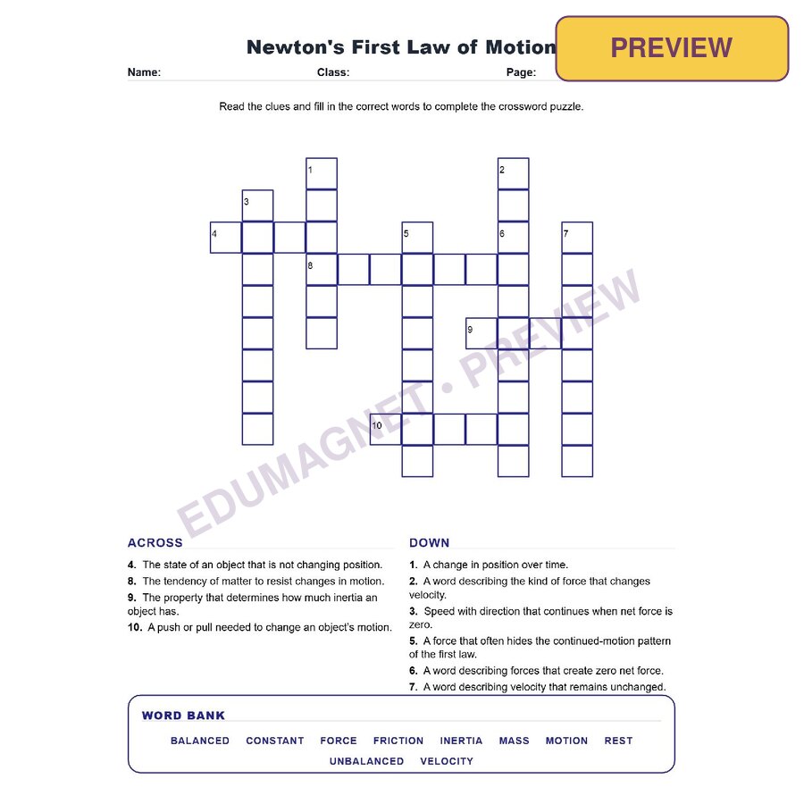Newton's First Law Of Motion (Crossword Worksheets) Science TEKS 7.7D