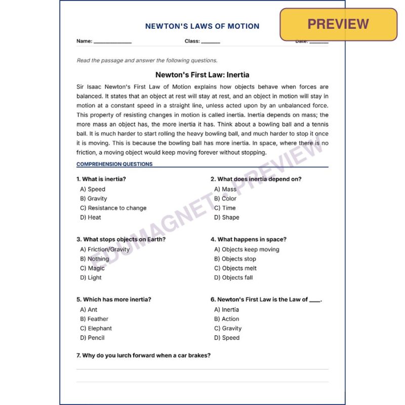 Newton's Laws of Motion NGSS G8Worksheets
