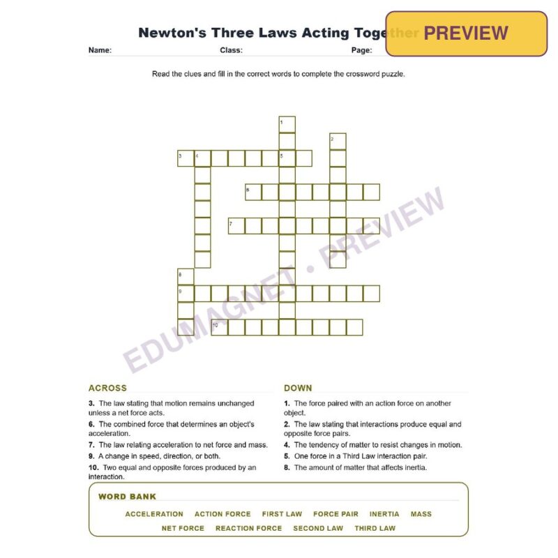 Newton's Second Law Of Motion (Crossword Worksheets) Science TEKS 8.7A