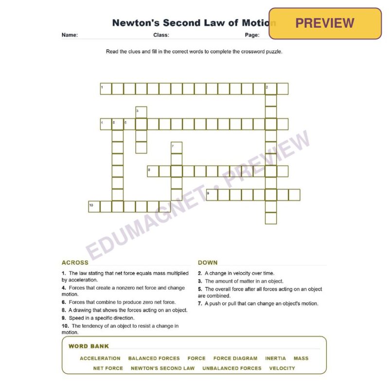 Newton's Second Law Of Motion (Crossword Worksheets) Science TEKS 8.7A