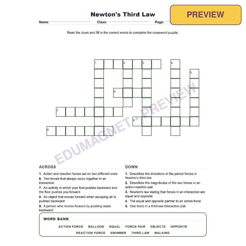Newtons Third Law (Crossword Worksheets) Grade 8 Science Forces