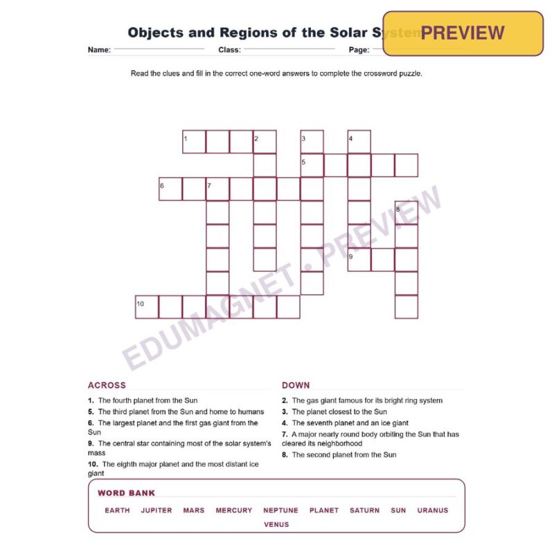 Objects And Regions Of The Solar System (Crossword Worksheets) Grade 8 NGSS