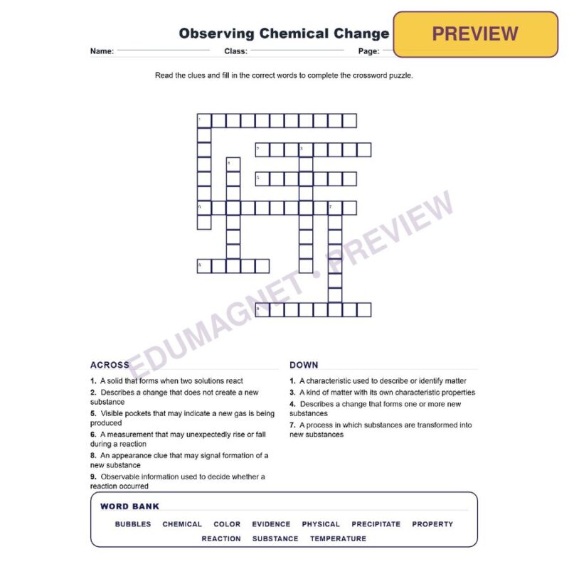 Observing Chemical Change (Crossword Worksheets) Grade 8 Science Chapter 4