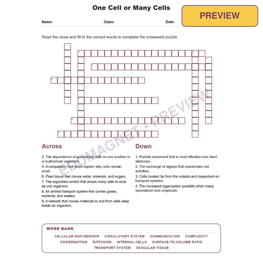 One Cell Or Many Cells (Crossword Worksheets) Virginia Grade 7 Life Science SOL LS.2