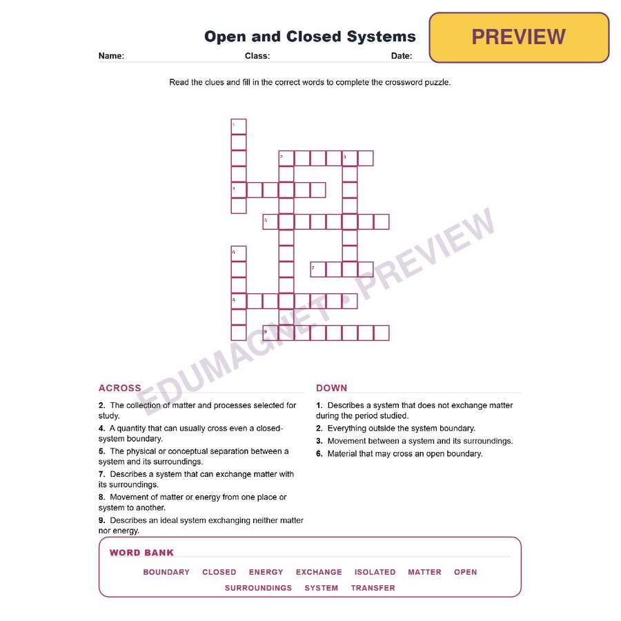 Open And Closed Systems (Crossword Worksheets) Grade 8 NGSS MS PS1 5