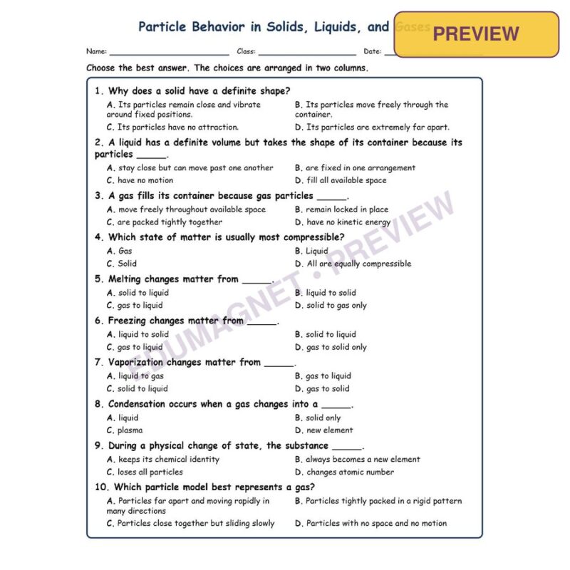 Particle Behavior In Solids, Liquids, And Gases MCQ Fill Written Exit Ticket