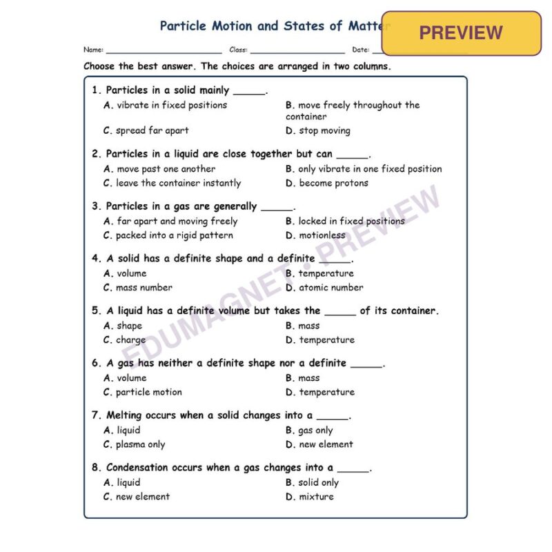 Particle Fill MCQ Written Exit Tickets Worksheet SOL Physical Science