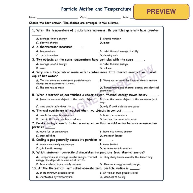 Particle Motion And Temperature MCQ Fill Written Exit Tickets Worksheet SOL