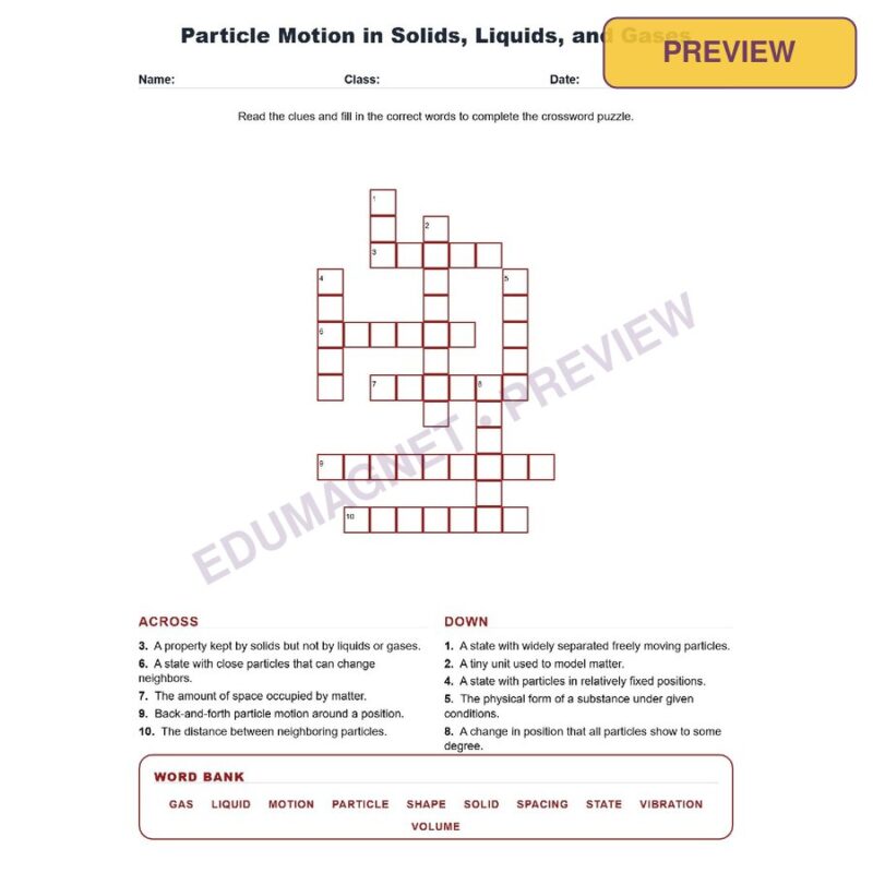 Particle Motion In Solids Liquids And Gases (Crossword Worksheets) Grade 8 NGSS MS PS1 4