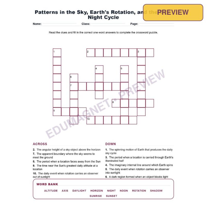 Patterns In The Sky, Earth S Rotation, And The Day Night Cycle (Crossword Worksheets) Grade 8 NGSS