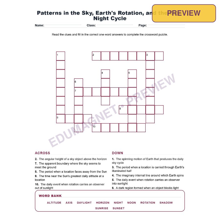 Patterns In The Sky, Earth S Rotation, And The Day Night Cycle (Crossword Worksheets) Grade 8 NGSS