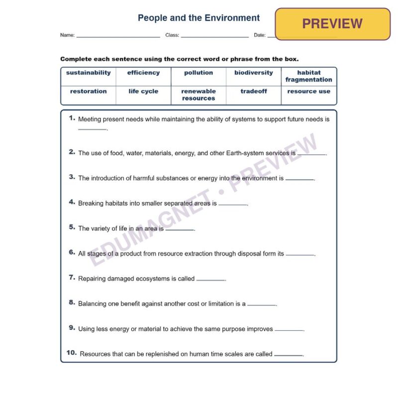 People And The Environment Fill MCQ Written Exit Tickets Worksheet NGSS Grade 8