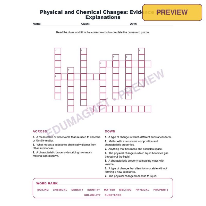 Physical And Chemical Changes Evidence And Explanations (Crossword Worksheets) Grade 8 NGSS MS PS1 2