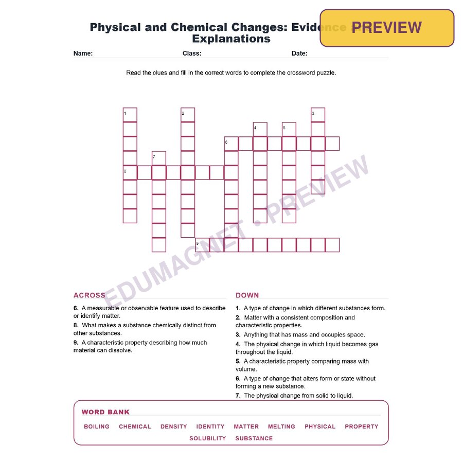 Physical And Chemical Changes Evidence And Explanations (Crossword Worksheets) Grade 8 NGSS MS PS1 2