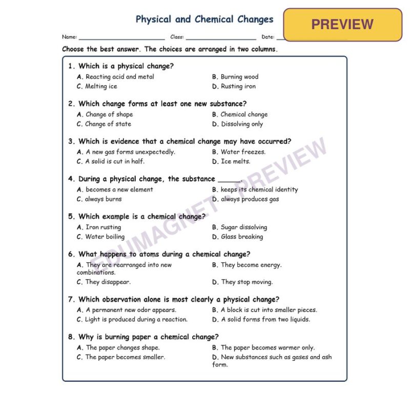 Physical And Chemical Changes Physical Science Virginia SOL PS.3B MCQ Fill Short