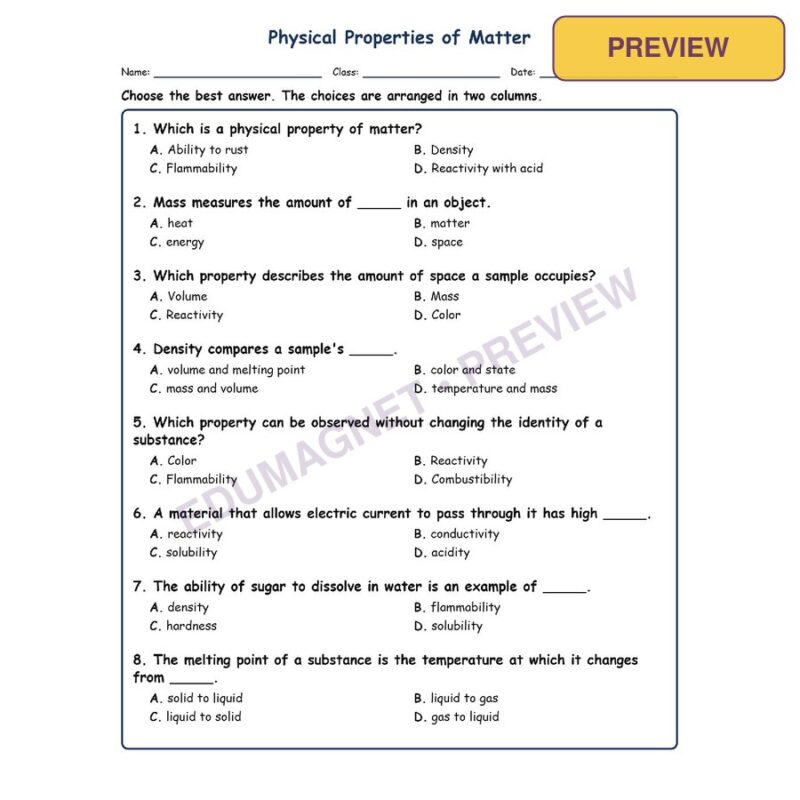 Physical Properties Of Matter Physical Science Virginia SOL PS.3A MCQ Fill Short