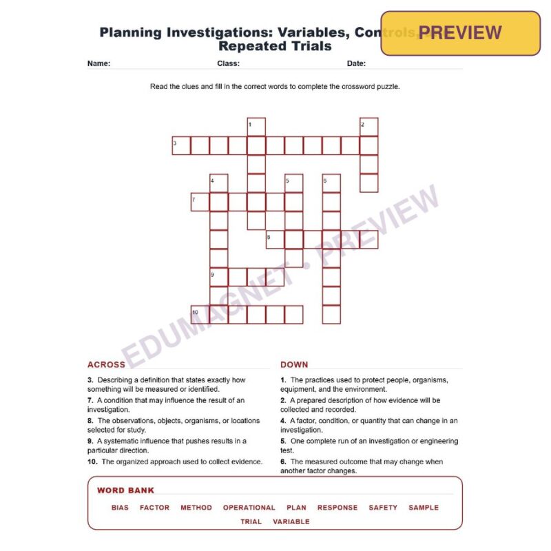 Planning Investigations Variables, Controls, And Repeated Trials (Crossword Worksheets) NGSS SEP