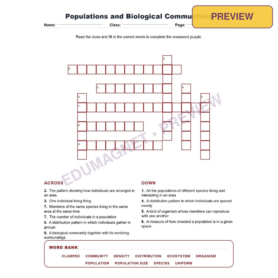 Populations And Biological Communities (Crossword Worksheets) Virginia SOL LS.6 And LS.7