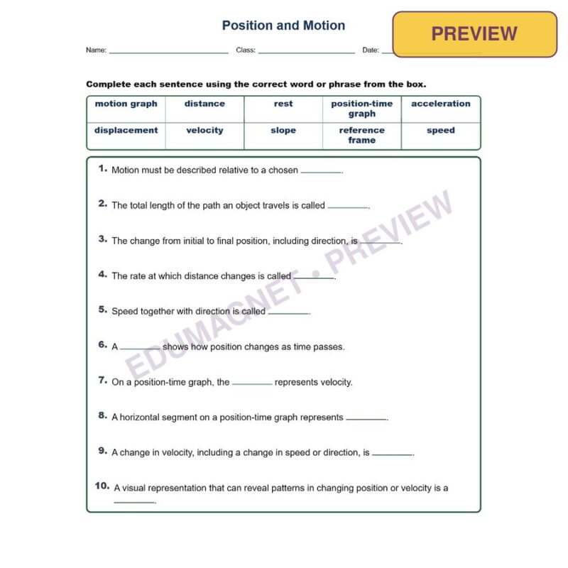 Position And Motion Fill MCQ Written Exit Tickets Worksheet NGSS Grade 8