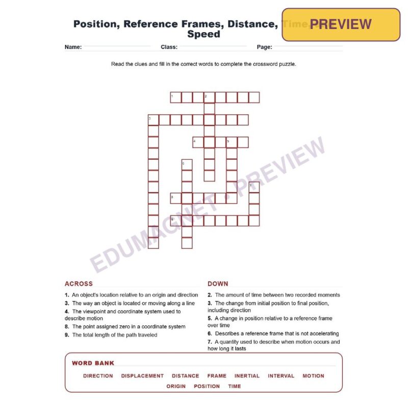 Position, Reference Frames, Distance, Time, And Speed (Crossword Worksheets) NGSS MS PS2 2