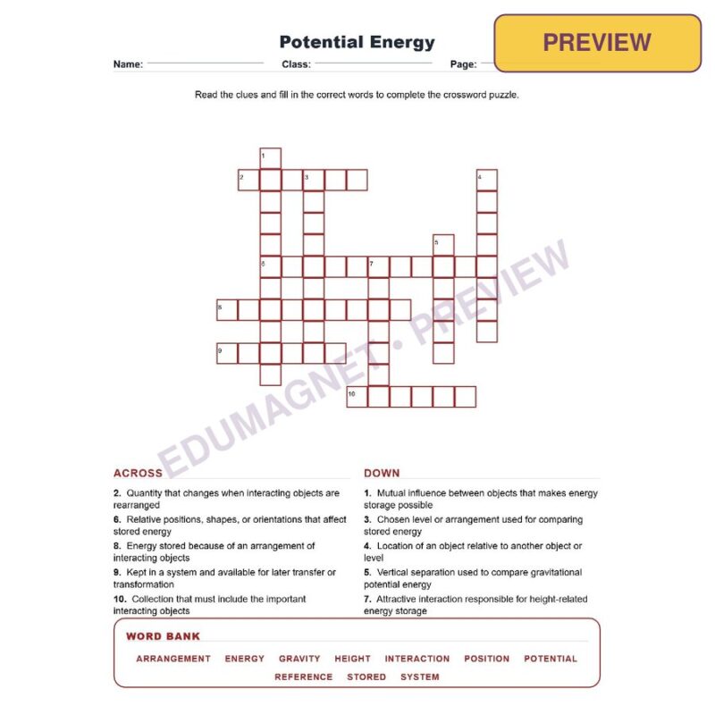 Potential Energy (Crossword Worksheets) NGSS MS PS3 2