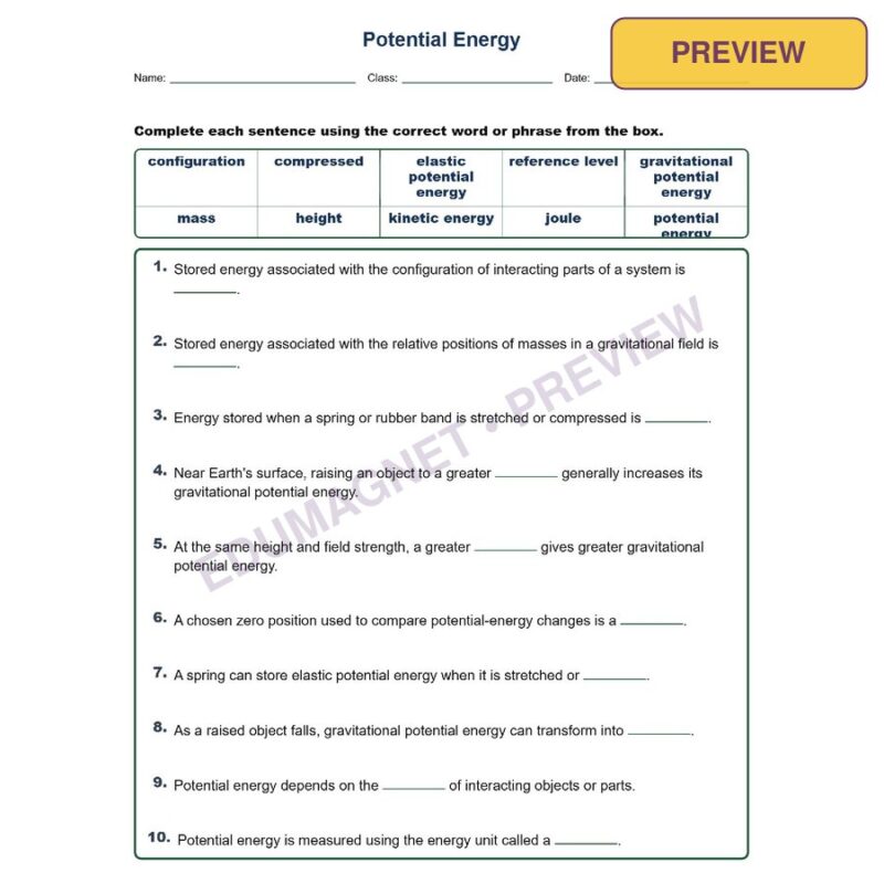 Potential Energy Fill MCQ Written Exit Tickets Worksheet NGSS Grade 8