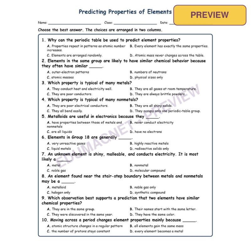 Predicting Properties Of Elements MCQ Fill Written Exit Tickets Worksheet SO
