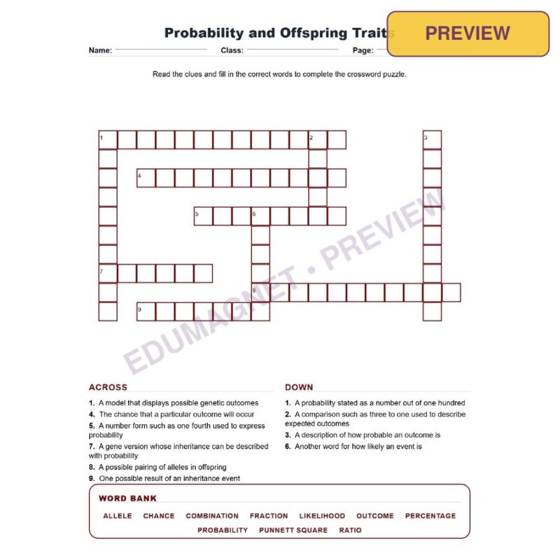 Probability And Offspring Traits (Crossword Worksheets) Virginia SOL LS.10