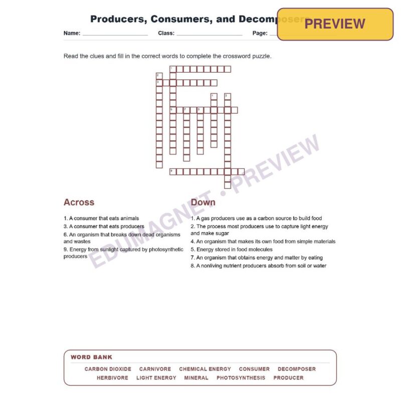 Producers, Consumers, And Decomposers (Crossword Worksheets) Virginia SOL LS.5