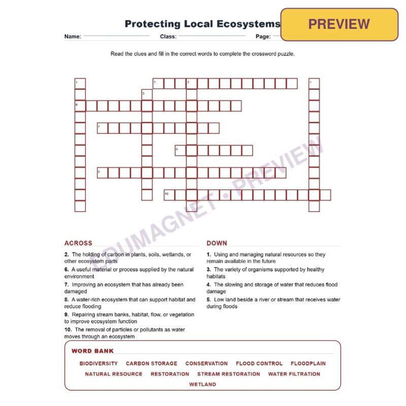 Protecting Local Ecosystems (Crossword Worksheets) Virginia Grade 7 Life Science Unit 8