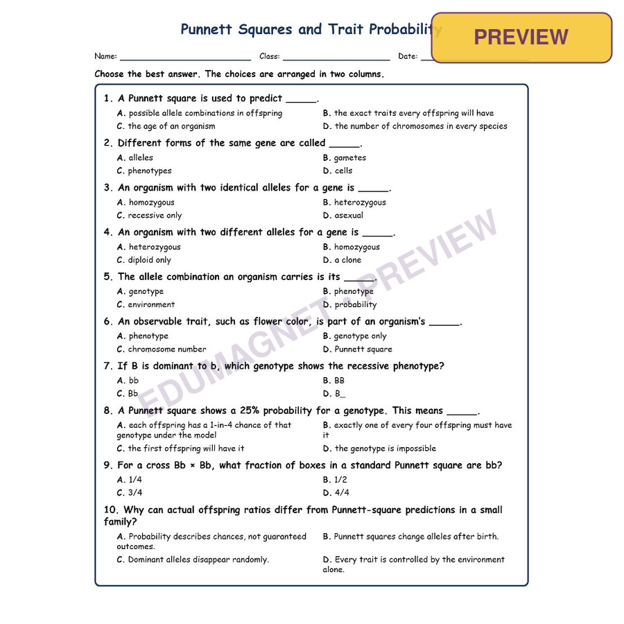 Punnett Squares And Trait Probability MCQ Fill Written Exit Worksheet SOL