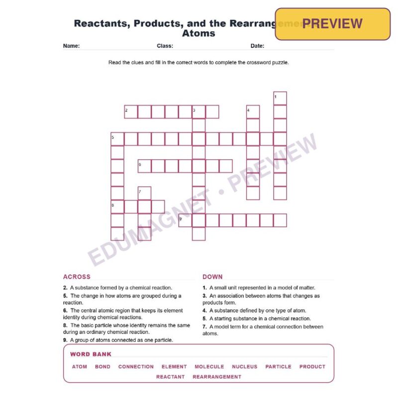 Reactants, Products, And The Rearrangement Of Atoms (Crossword Worksheets) Grade 8 NGSS MS PS1 2 MS PS1 5