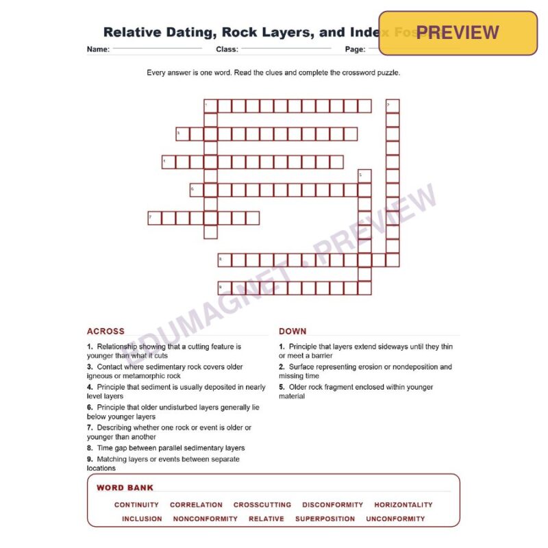 Relative Dating, Rock Layers, And Index Fossils (Crossword Worksheets) Grade 8 NGSS Unit 8