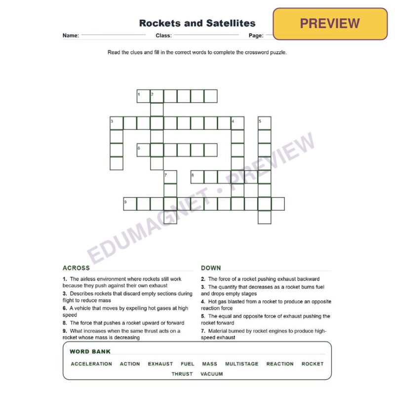Rockets And Satellites (Crossword Worksheets) Grade 8 Science Forces