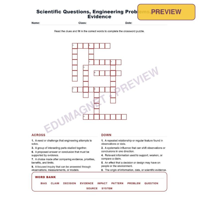 Scientific Questions, Engineering Problems, And Evidence (Crossword Worksheets) NGSS MS ETS1 1